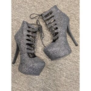 Qupid Womens Black Silver Glitter Lace Up Platform Stiletto Ankle Booties Size 7